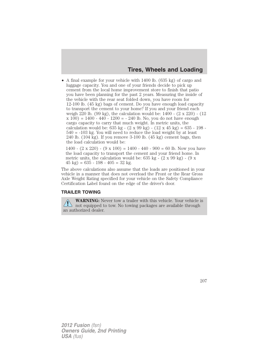 Trailer towing, Tires, wheels and loading | FORD 2012 Fusion v.2 User Manual | Page 207 / 373
