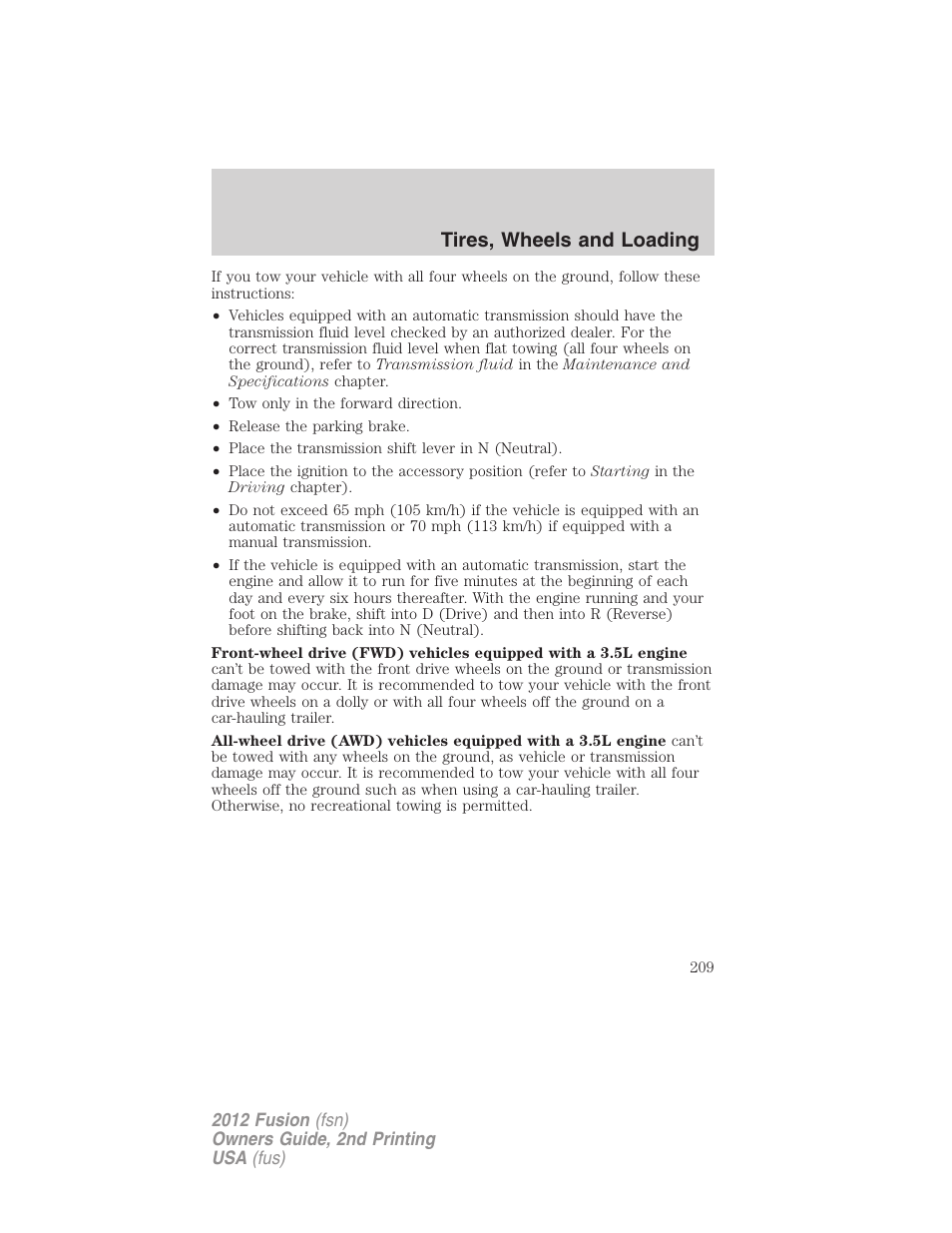 Tires, wheels and loading | FORD 2012 Fusion v.2 User Manual | Page 209 / 373