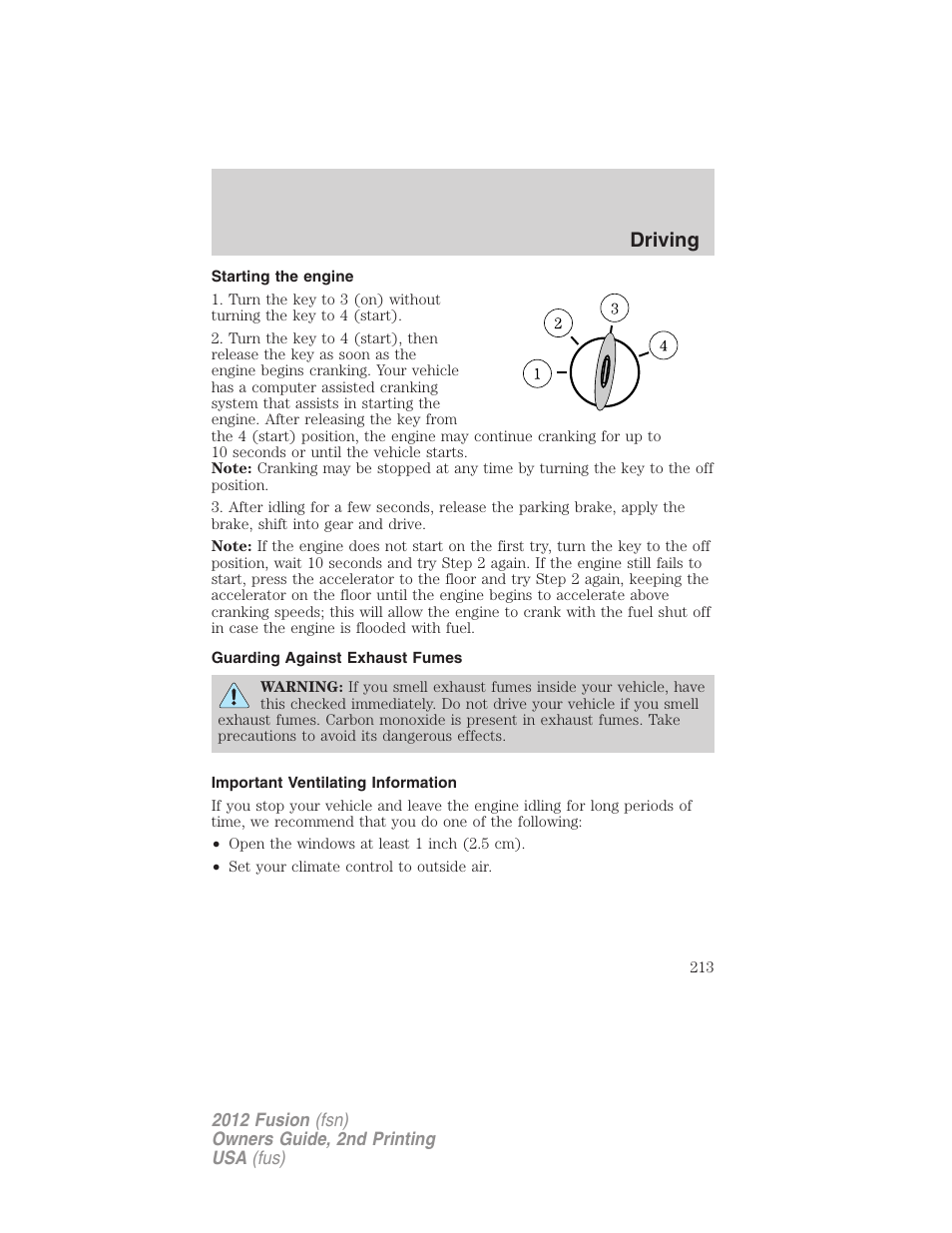 Starting the engine, Guarding against exhaust fumes, Important ventilating information | Driving | FORD 2012 Fusion v.2 User Manual | Page 213 / 373