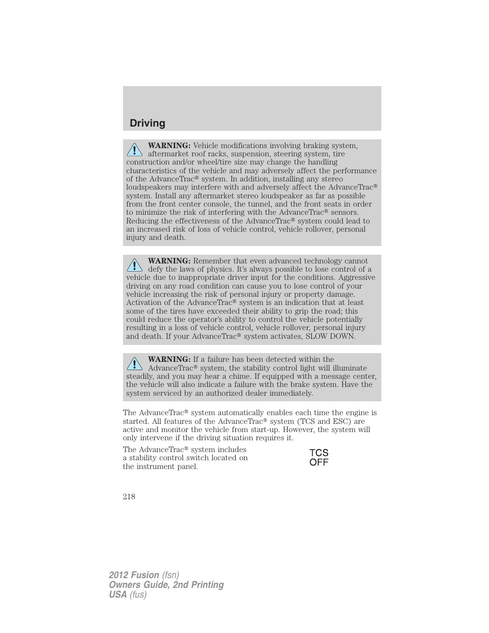 Driving | FORD 2012 Fusion v.2 User Manual | Page 218 / 373