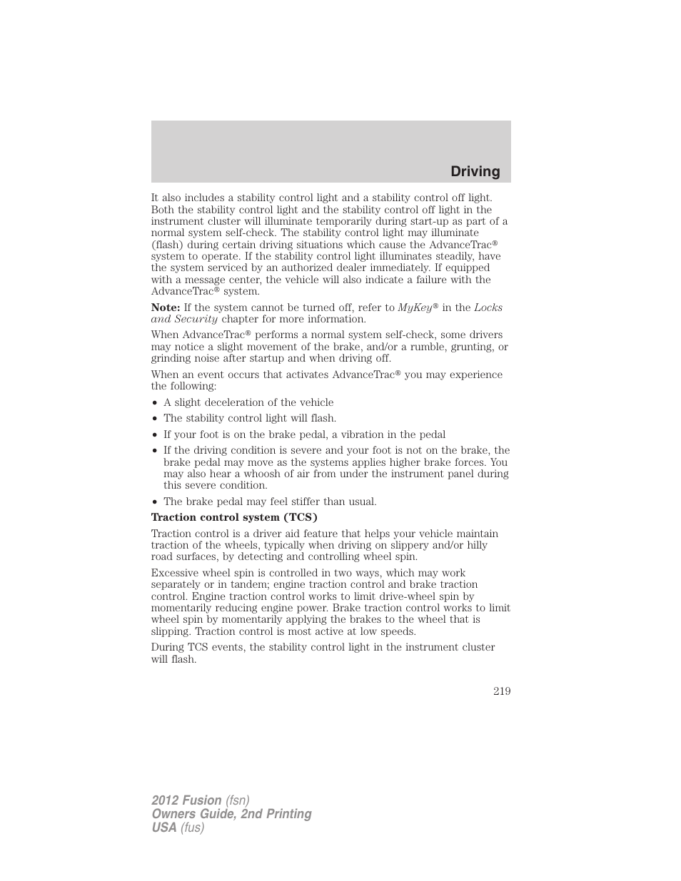 Driving | FORD 2012 Fusion v.2 User Manual | Page 219 / 373