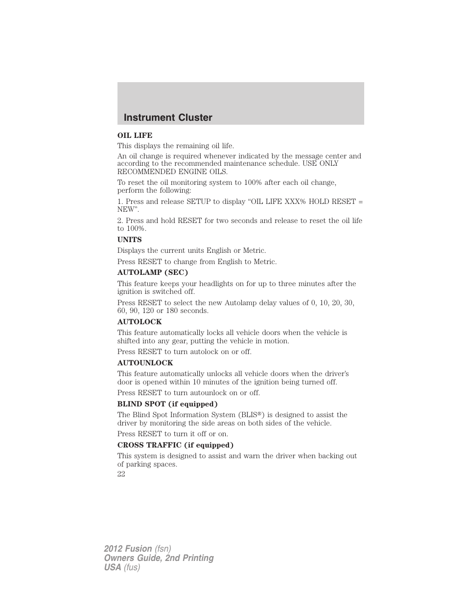 Instrument cluster | FORD 2012 Fusion v.2 User Manual | Page 22 / 373