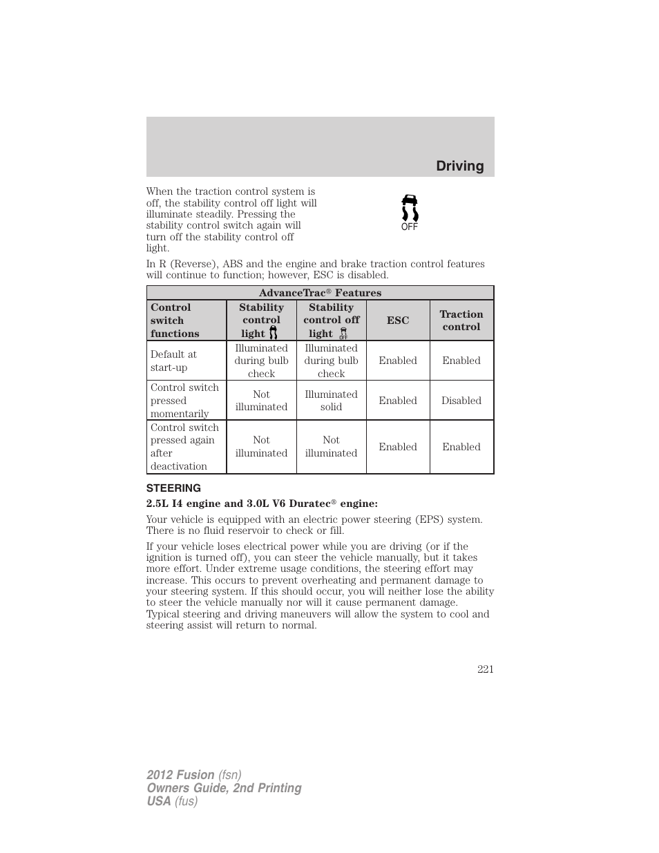 Steering, Driving | FORD 2012 Fusion v.2 User Manual | Page 221 / 373