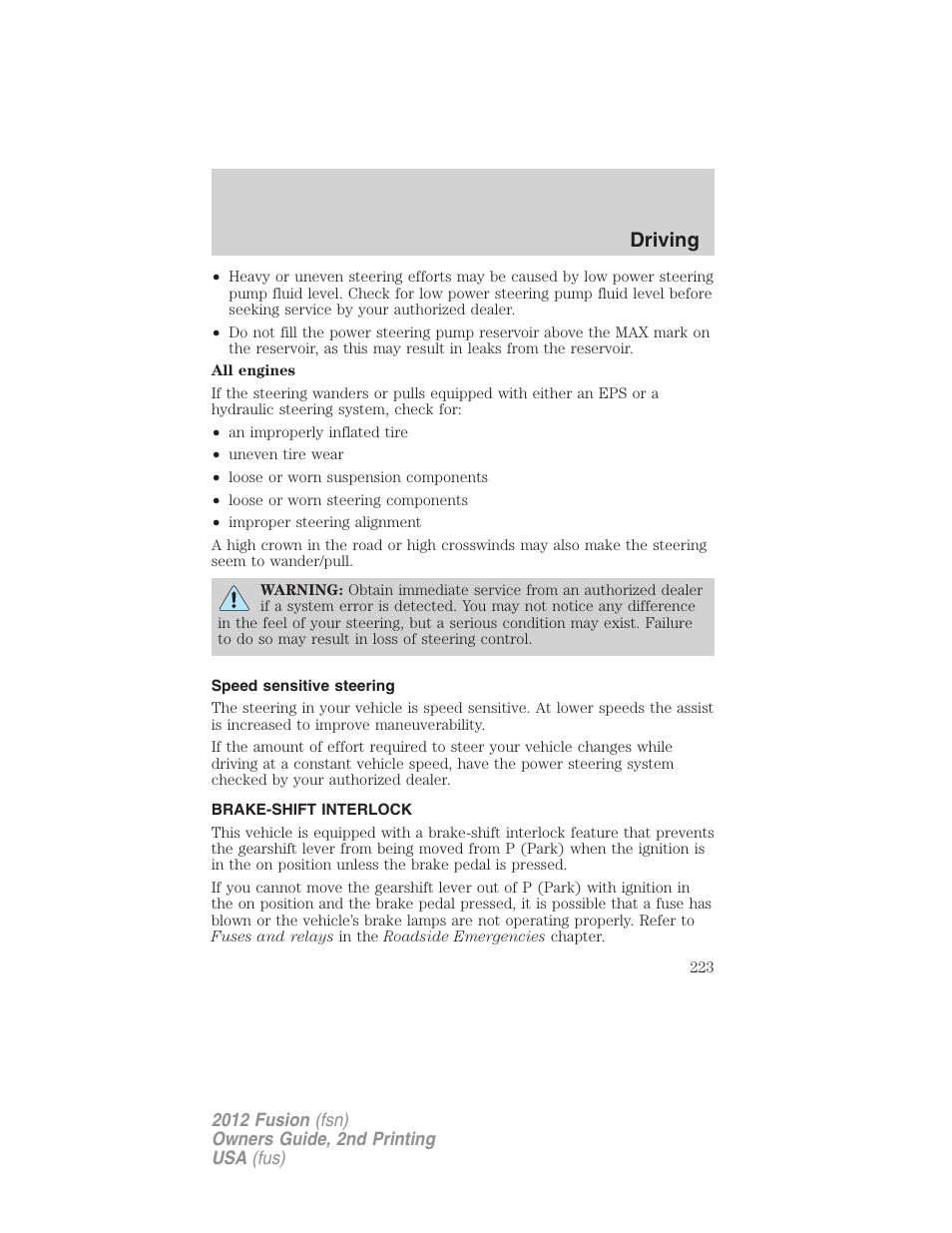 Speed sensitive steering, Brake-shift interlock, Driving | FORD 2012 Fusion v.2 User Manual | Page 223 / 373