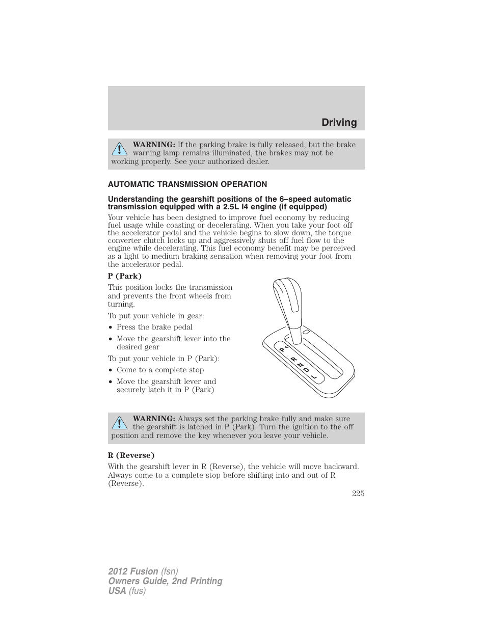 Automatic transmission operation, Transmission operation, Driving | FORD 2012 Fusion v.2 User Manual | Page 225 / 373