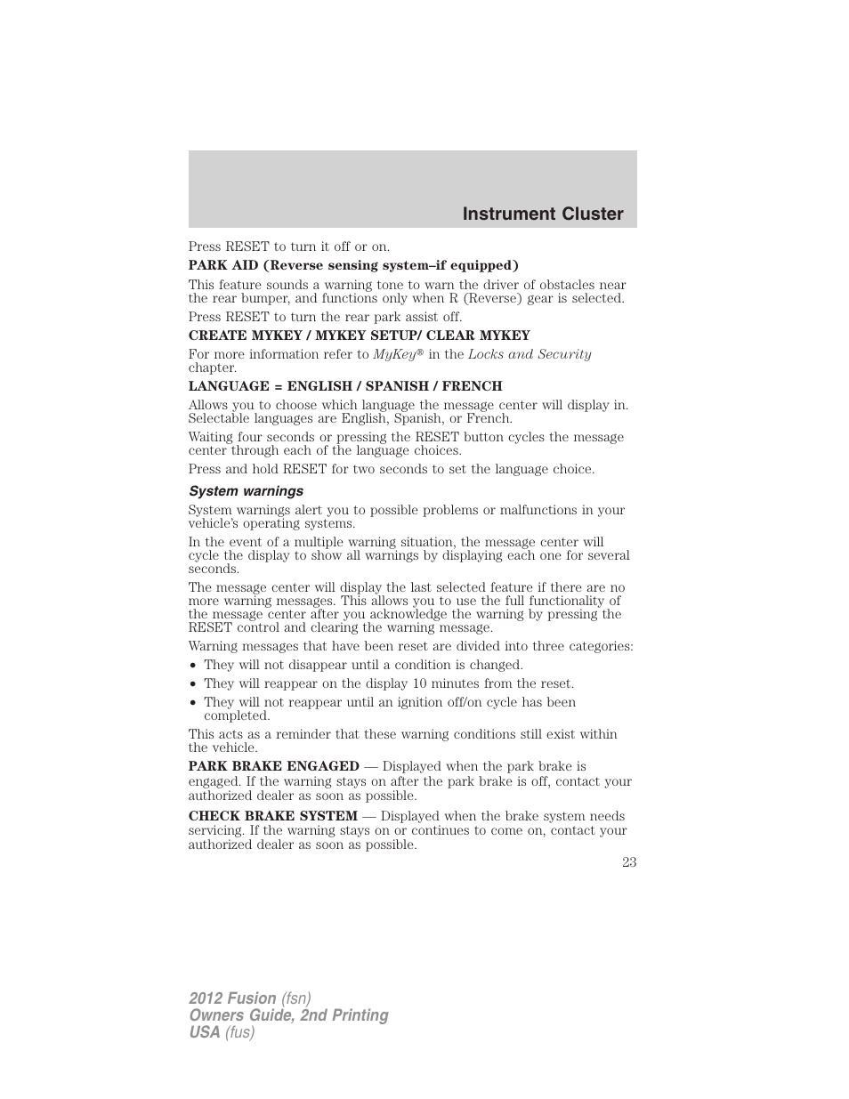 System warnings, Instrument cluster | FORD 2012 Fusion v.2 User Manual | Page 23 / 373