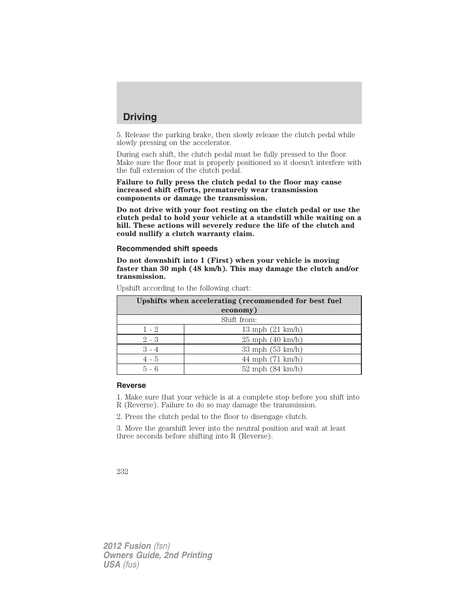 Recommended shift speeds, Reverse, Driving | FORD 2012 Fusion v.2 User Manual | Page 232 / 373