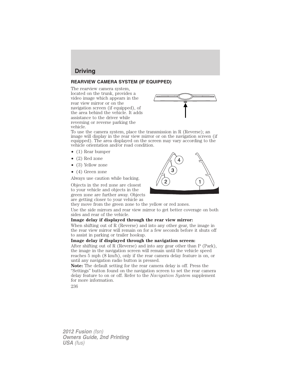 Rearview camera system (if equipped), Rear-view camera system, Driving | FORD 2012 Fusion v.2 User Manual | Page 236 / 373