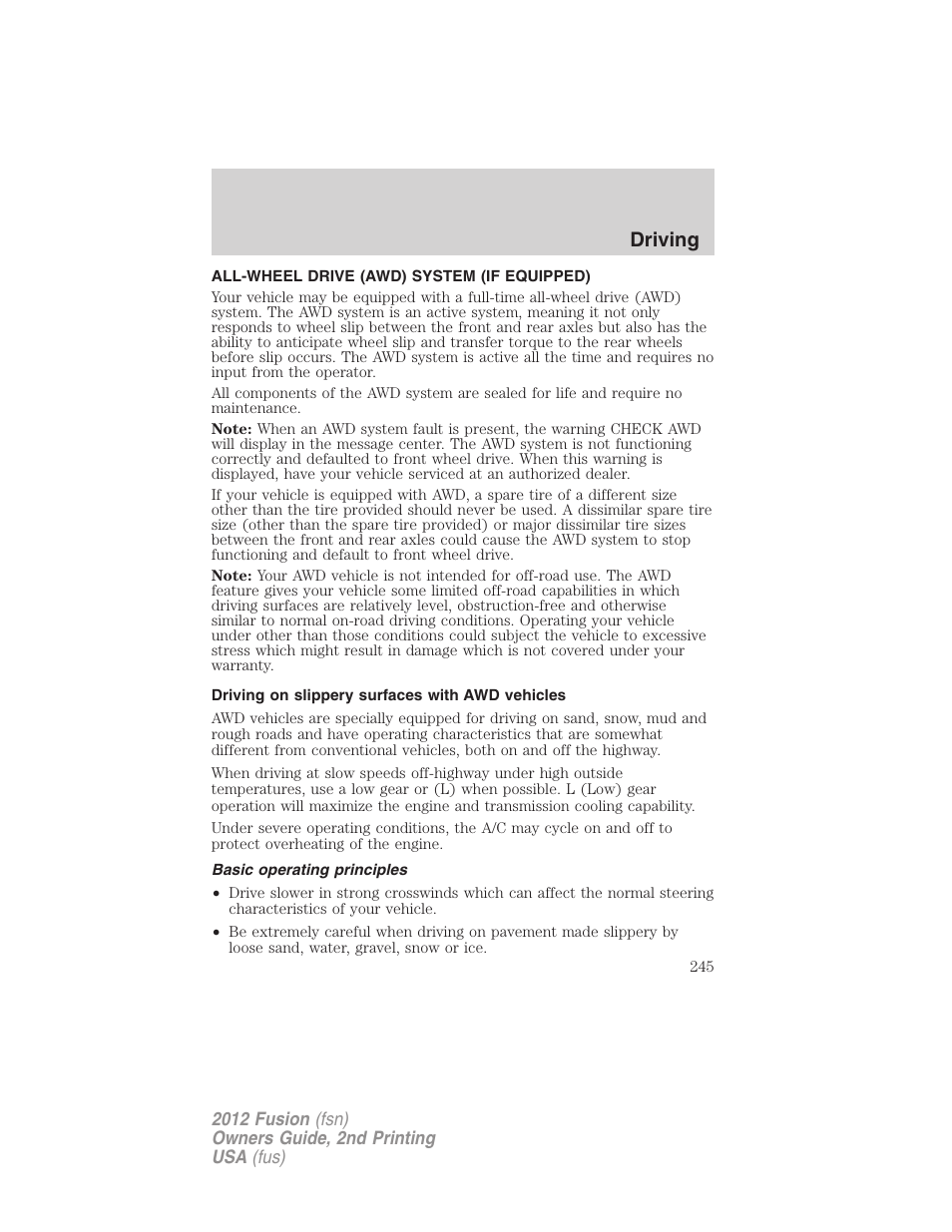 All-wheel drive (awd) system (if equipped), Driving on slippery surfaces with awd vehicles, Basic operating principles | Driving | FORD 2012 Fusion v.2 User Manual | Page 245 / 373