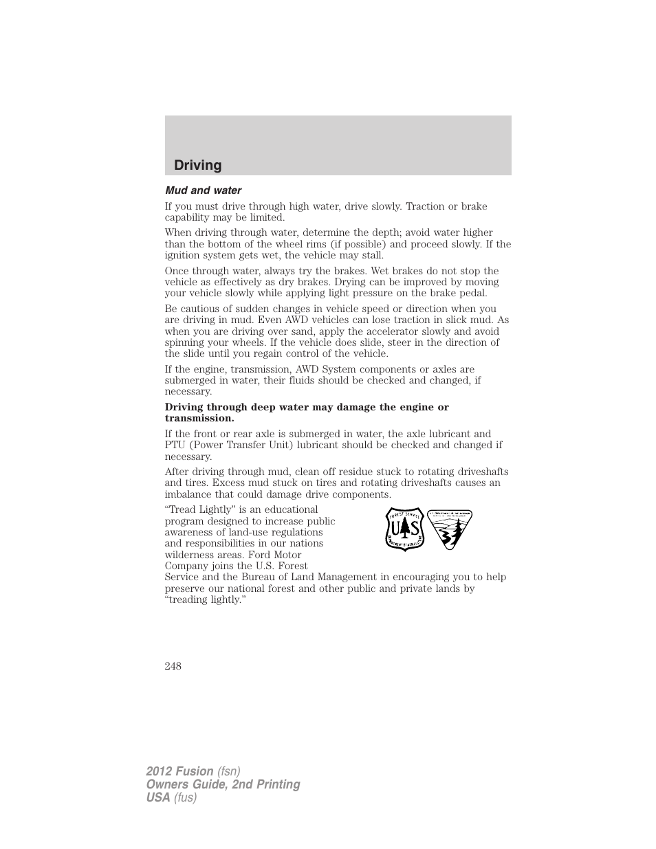 Mud and water, Driving | FORD 2012 Fusion v.2 User Manual | Page 248 / 373