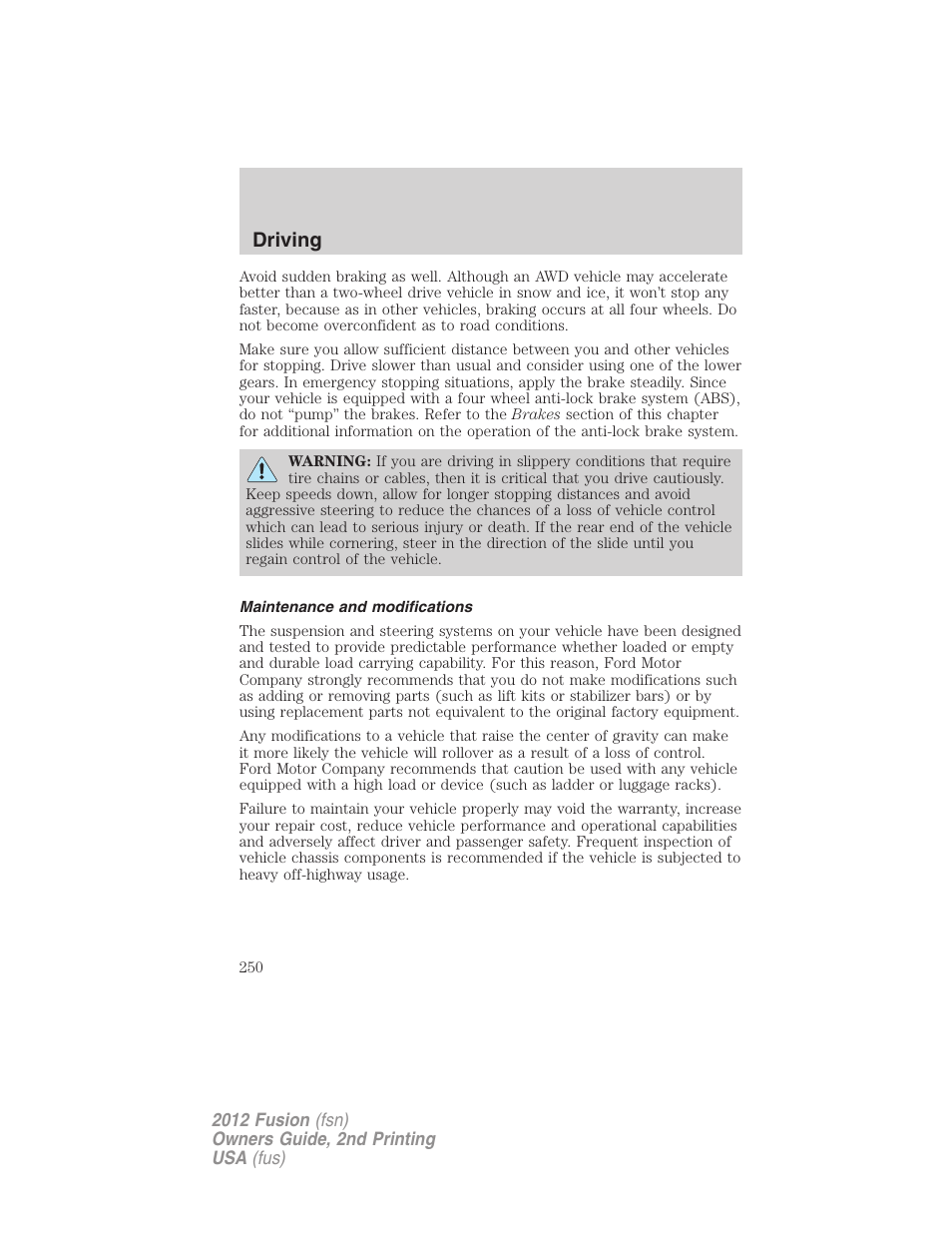 Maintenance and modifications, Driving | FORD 2012 Fusion v.2 User Manual | Page 250 / 373