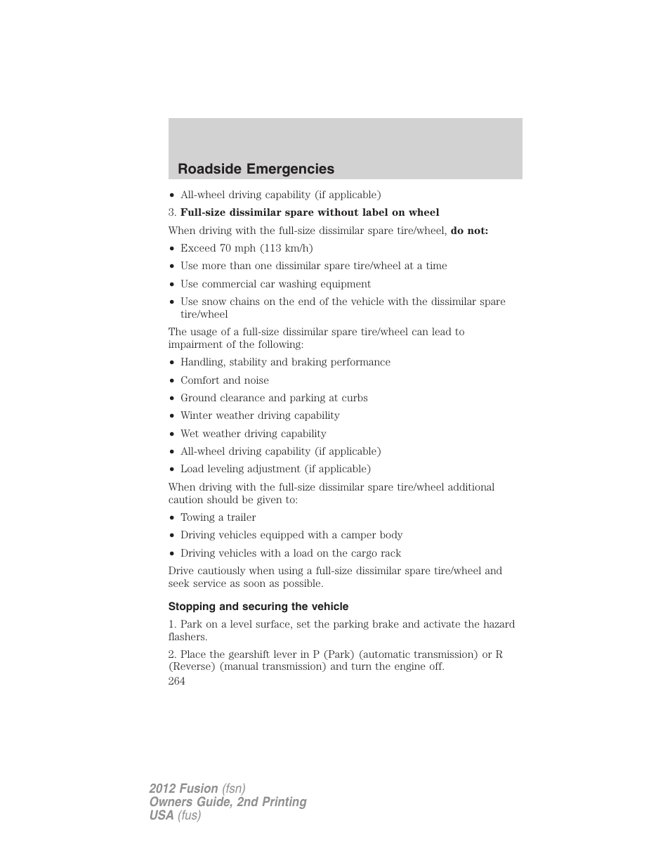 Stopping and securing the vehicle, Roadside emergencies | FORD 2012 Fusion v.2 User Manual | Page 264 / 373