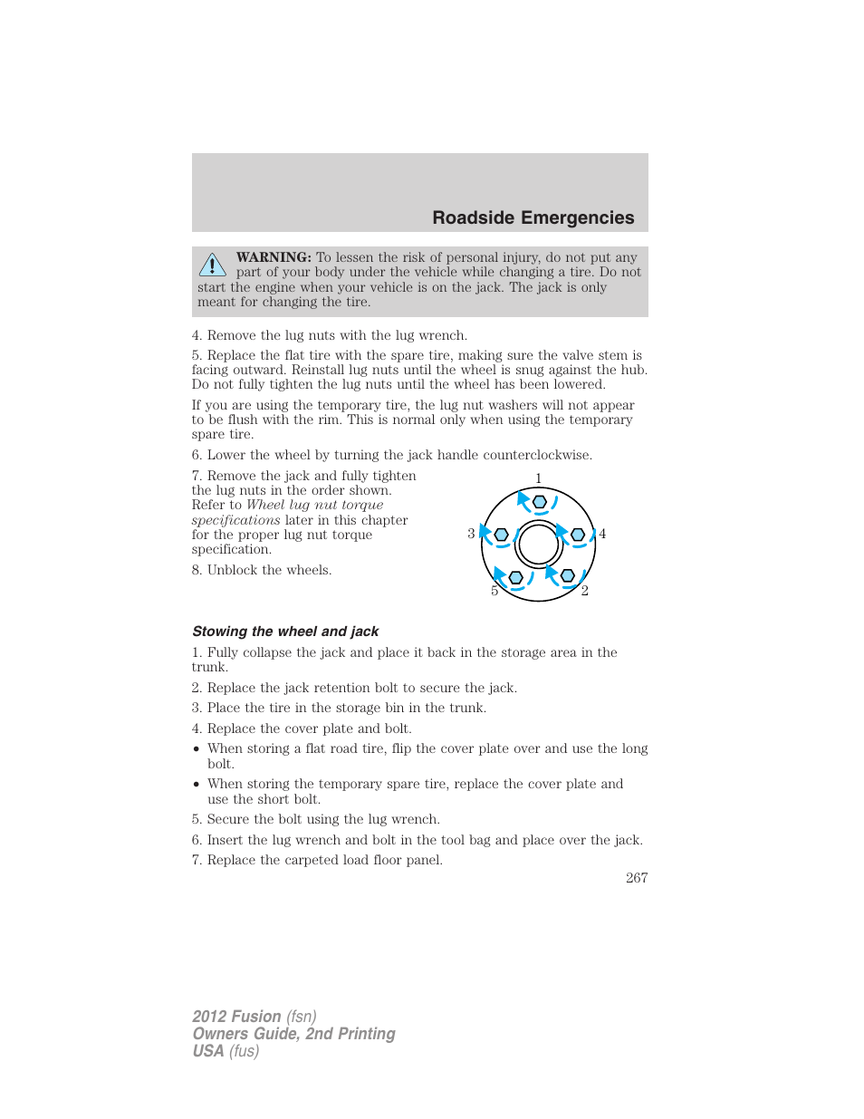 Stowing the wheel and jack, Roadside emergencies | FORD 2012 Fusion v.2 User Manual | Page 267 / 373