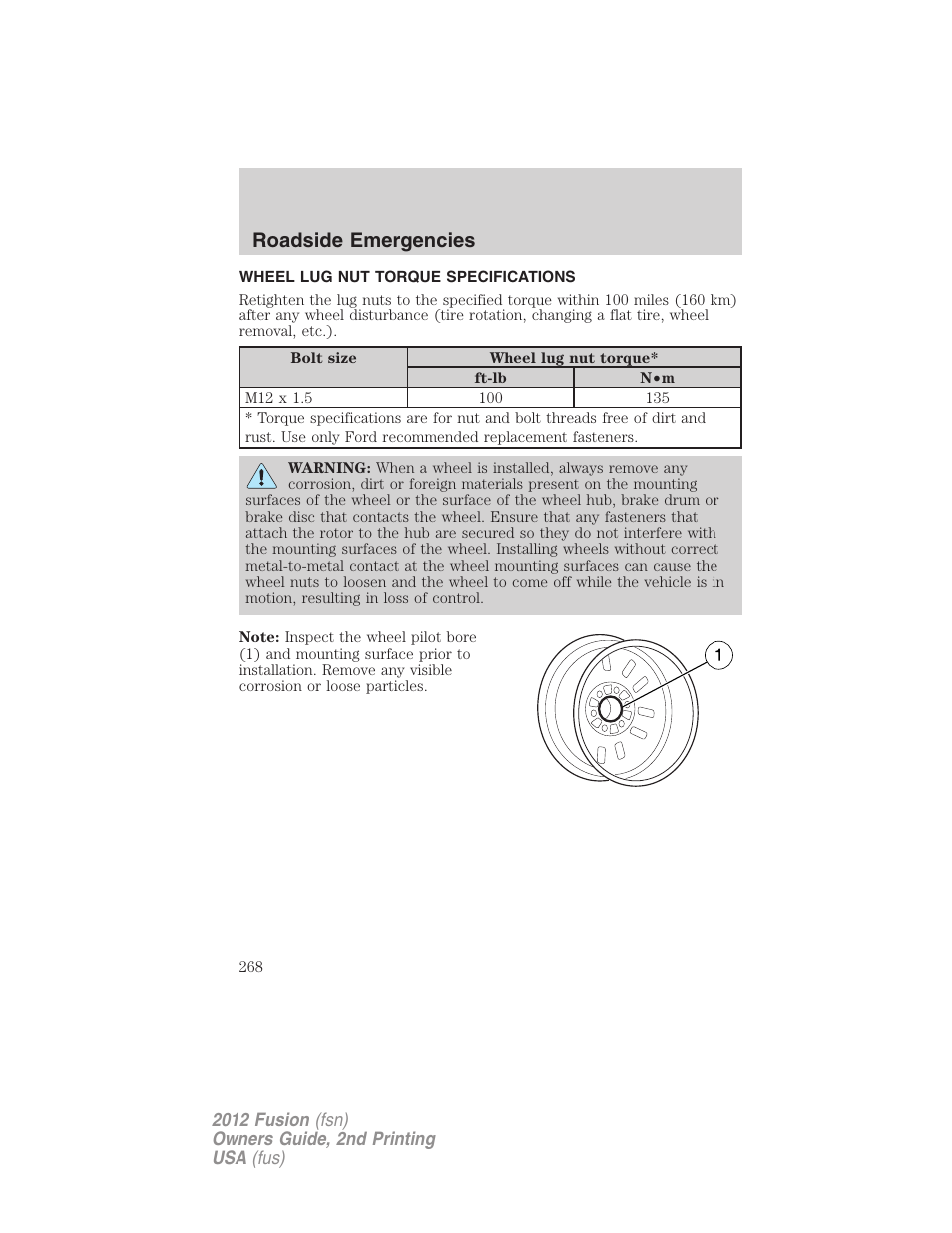 Wheel lug nut torque specifications, Wheel lug nut torque, Roadside emergencies | FORD 2012 Fusion v.2 User Manual | Page 268 / 373