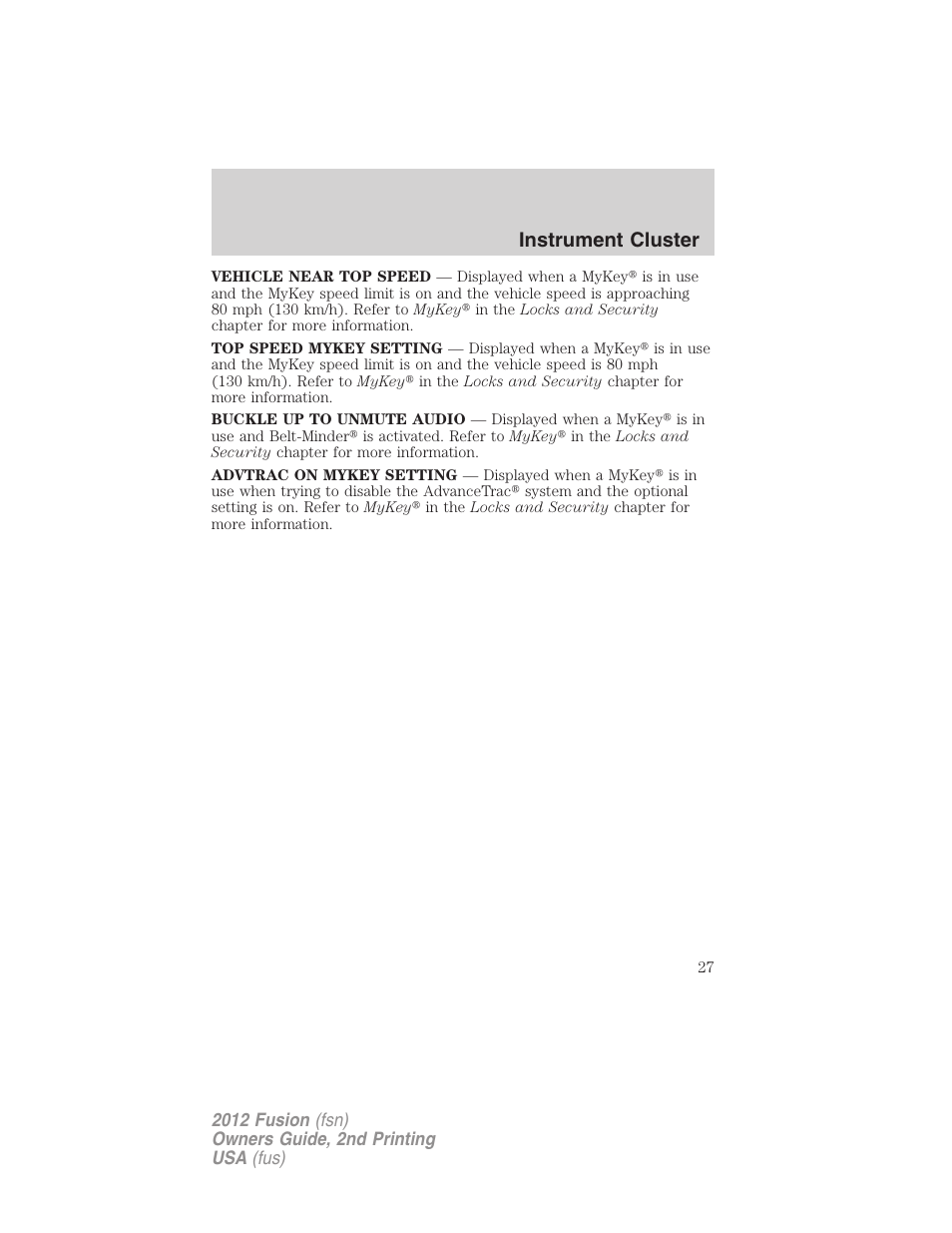 Instrument cluster | FORD 2012 Fusion v.2 User Manual | Page 27 / 373