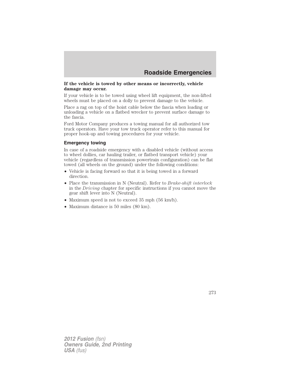 Emergency towing, Roadside emergencies | FORD 2012 Fusion v.2 User Manual | Page 273 / 373