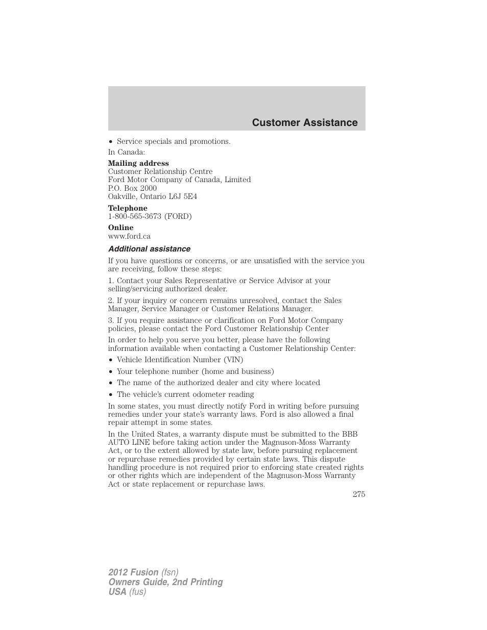 Additional assistance, Customer assistance | FORD 2012 Fusion v.2 User Manual | Page 275 / 373
