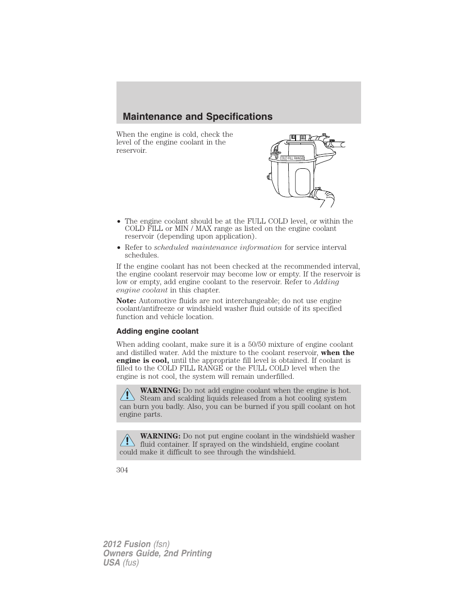 Adding engine coolant, Maintenance and specifications | FORD 2012 Fusion v.2 User Manual | Page 304 / 373