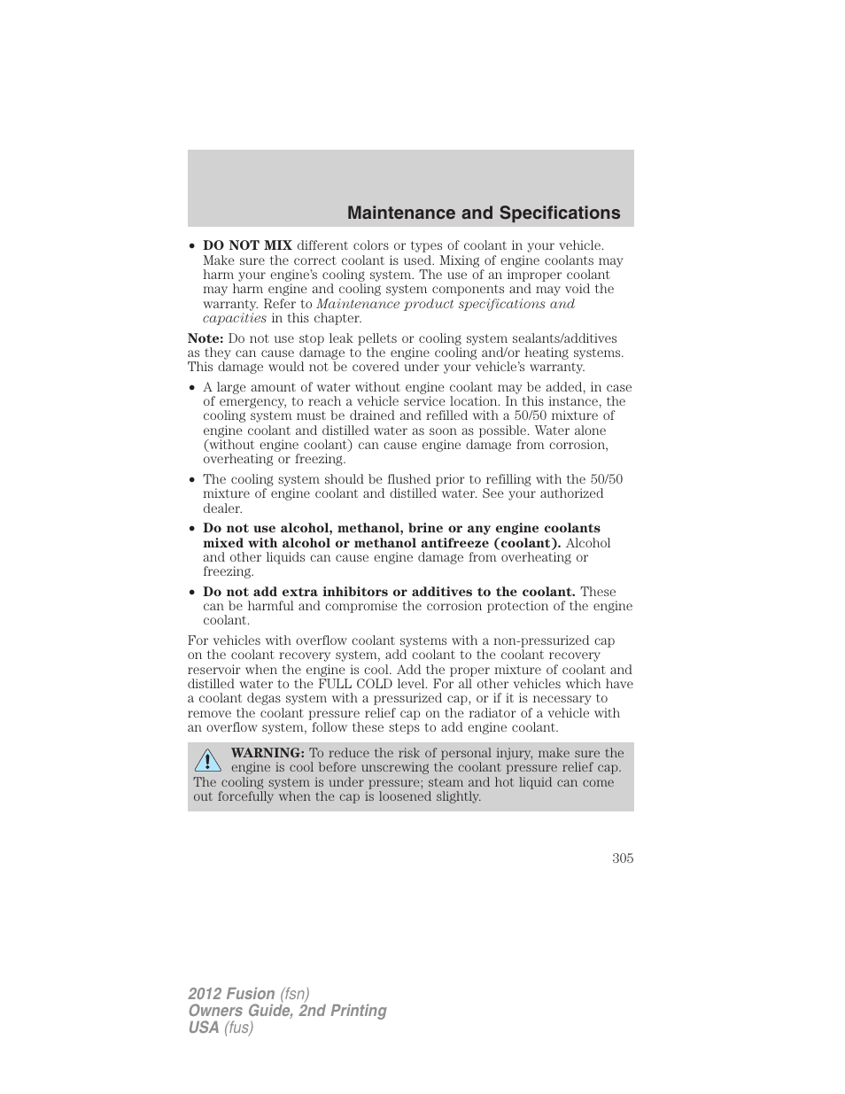 Maintenance and specifications | FORD 2012 Fusion v.2 User Manual | Page 305 / 373