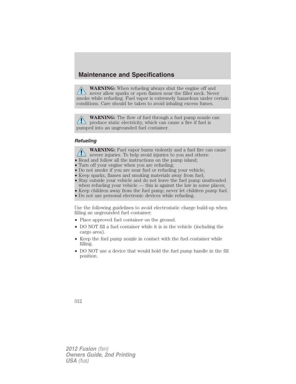 Refueling, Maintenance and specifications | FORD 2012 Fusion v.2 User Manual | Page 312 / 373