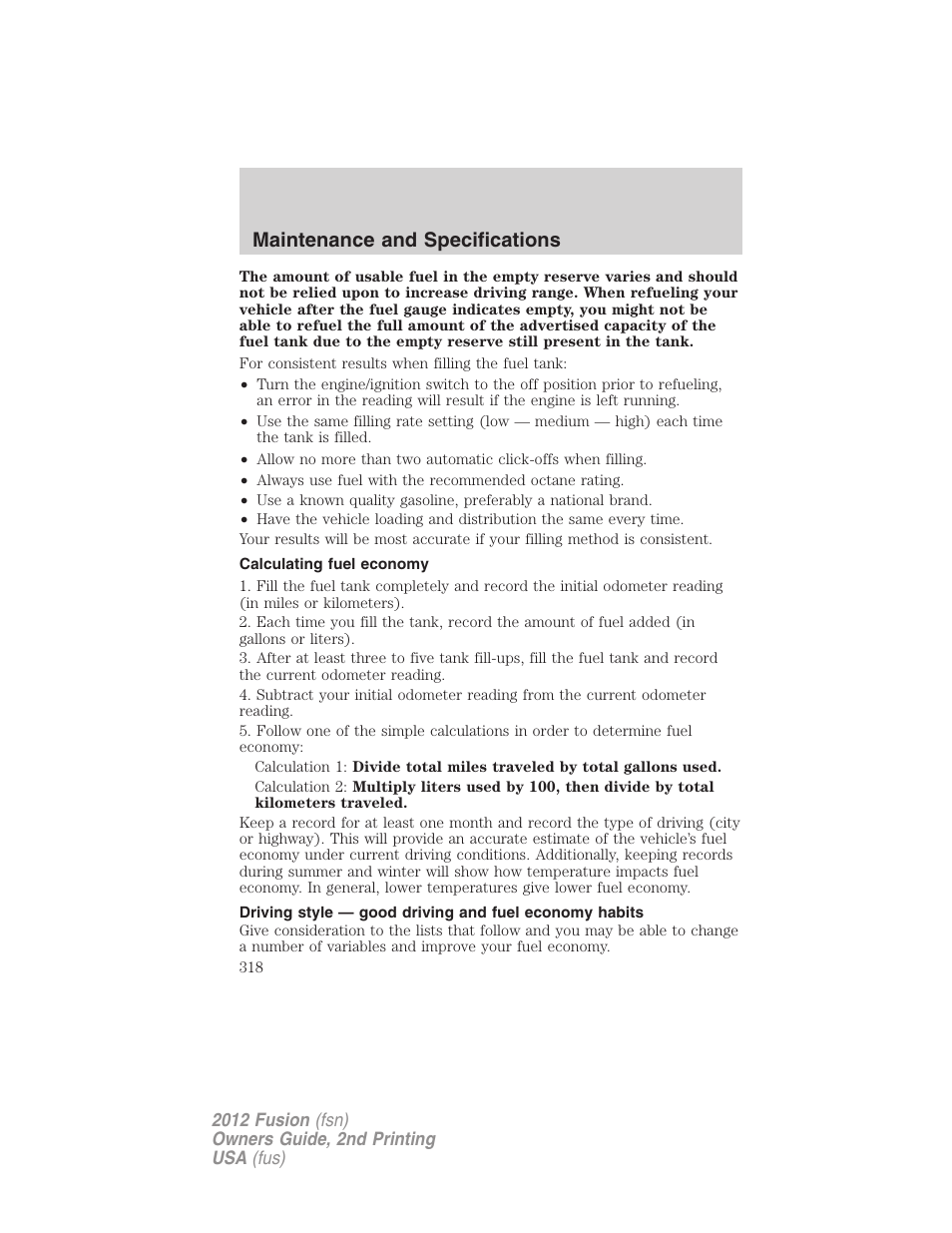 Calculating fuel economy, Maintenance and specifications | FORD 2012 Fusion v.2 User Manual | Page 318 / 373
