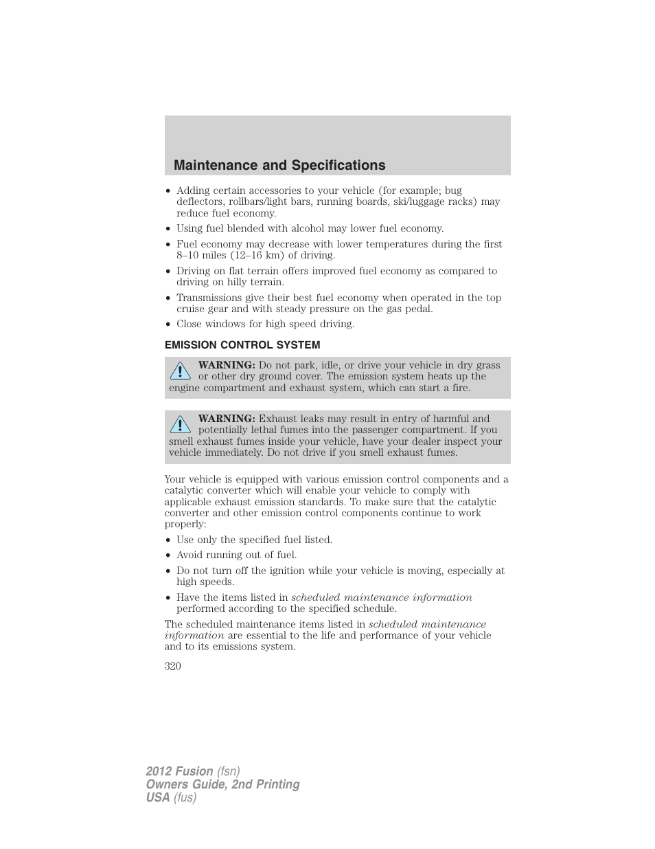 Emission control system, Maintenance and specifications | FORD 2012 Fusion v.2 User Manual | Page 320 / 373