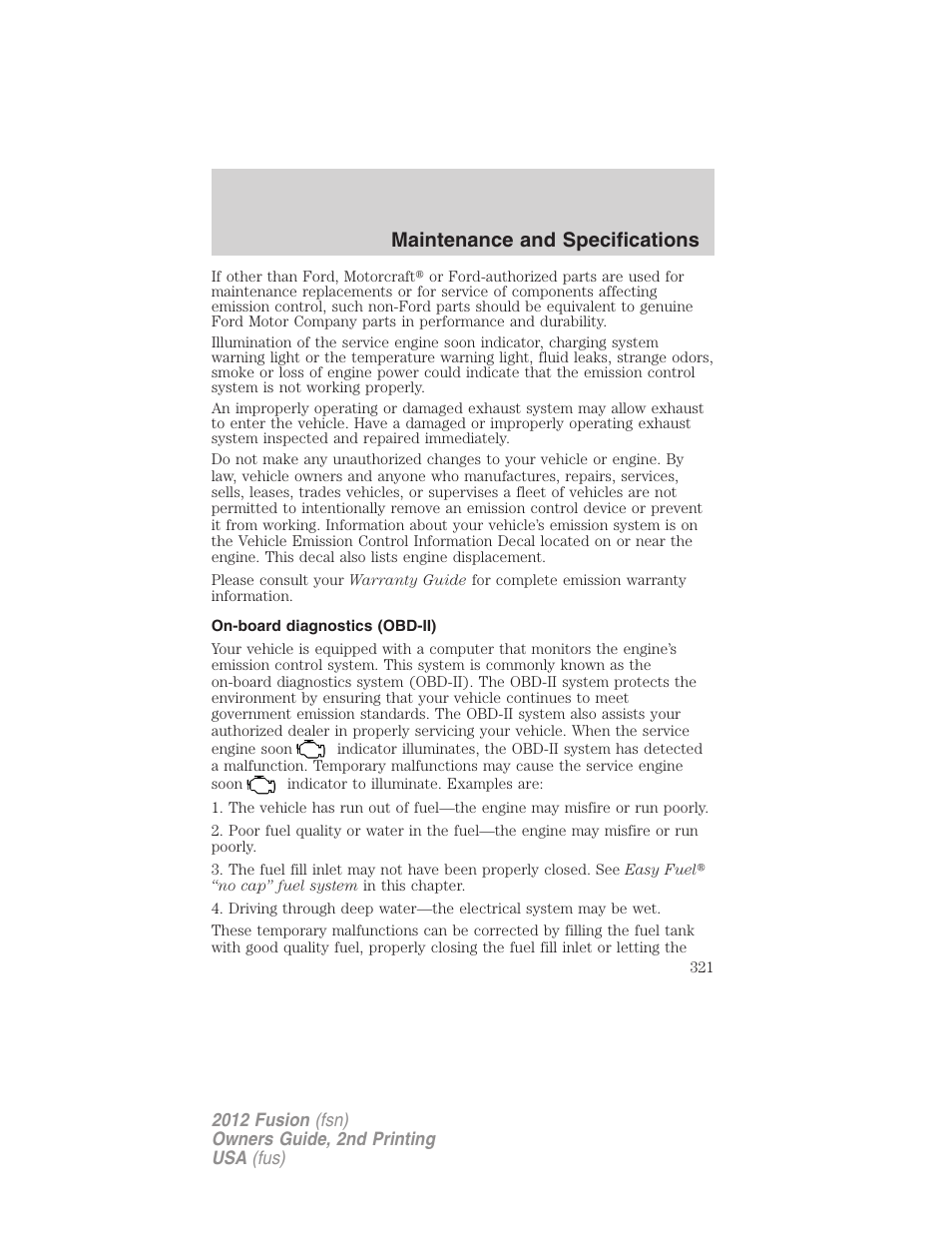 On-board diagnostics (obd-ii), Maintenance and specifications | FORD 2012 Fusion v.2 User Manual | Page 321 / 373