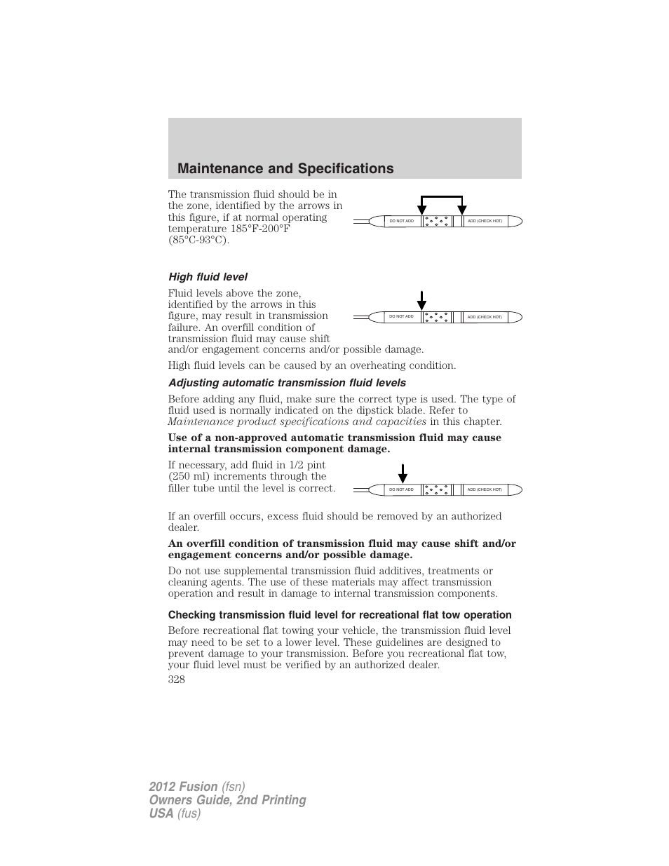 High fluid level, Adjusting automatic transmission fluid levels, Maintenance and specifications | FORD 2012 Fusion v.2 User Manual | Page 328 / 373