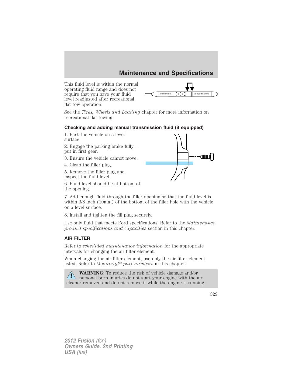 Air filter, Air filter(s), Maintenance and specifications | FORD 2012 Fusion v.2 User Manual | Page 329 / 373