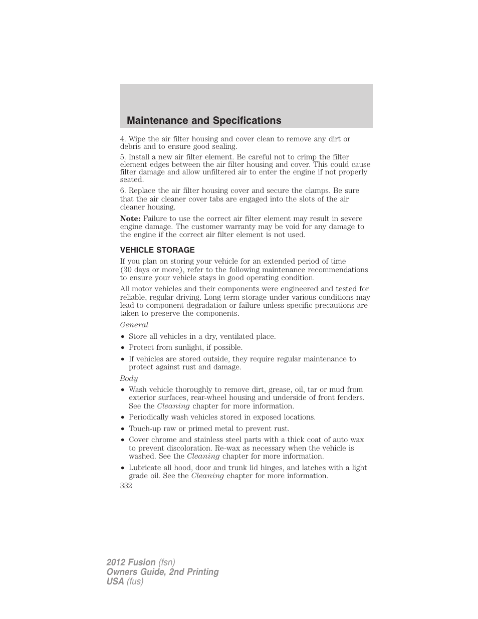 Vehicle storage, Maintenance and specifications | FORD 2012 Fusion v.2 User Manual | Page 332 / 373