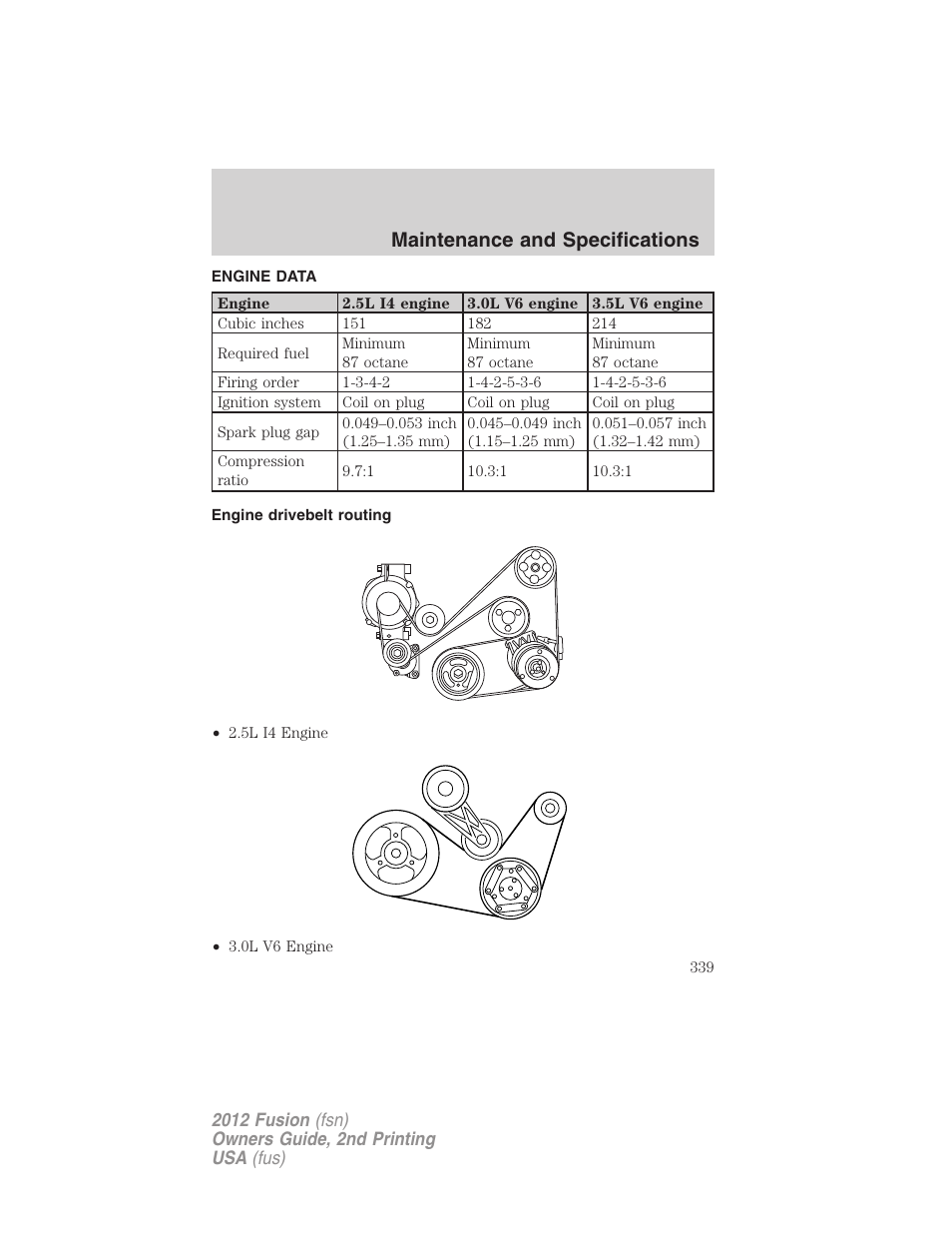 Engine data, Engine drivebelt routing, Maintenance and specifications | FORD 2012 Fusion v.2 User Manual | Page 339 / 373