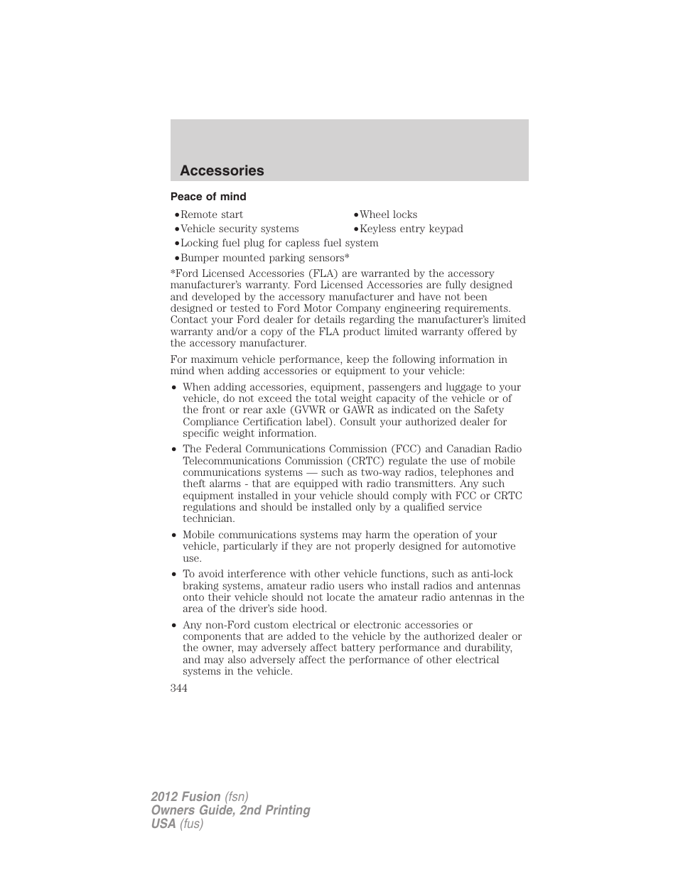 Peace of mind, Accessories | FORD 2012 Fusion v.2 User Manual | Page 344 / 373