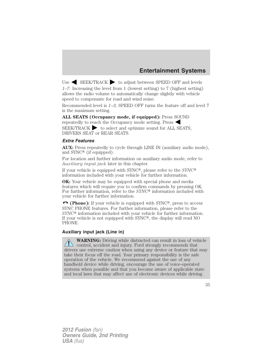 Extra features, Auxiliary input jack (line in), Entertainment systems | FORD 2012 Fusion v.2 User Manual | Page 35 / 373