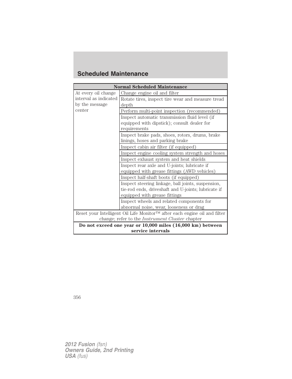 Scheduled maintenance | FORD 2012 Fusion v.2 User Manual | Page 356 / 373