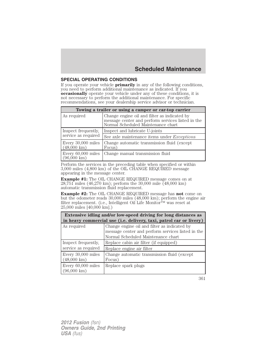 Special operating conditions, Scheduled maintenance | FORD 2012 Fusion v.2 User Manual | Page 361 / 373