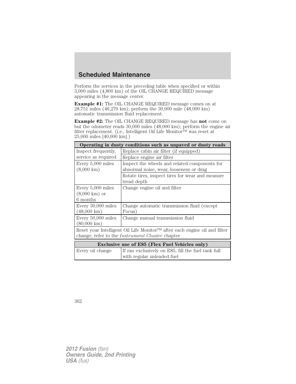 Scheduled maintenance | FORD 2012 Fusion v.2 User Manual | Page 362 / 373