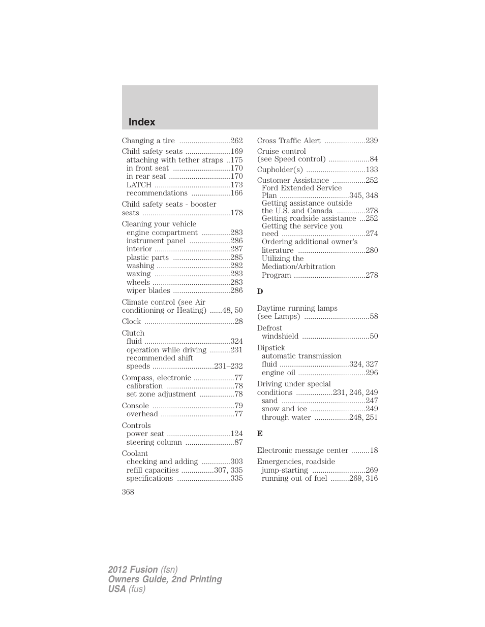 Index | FORD 2012 Fusion v.2 User Manual | Page 368 / 373