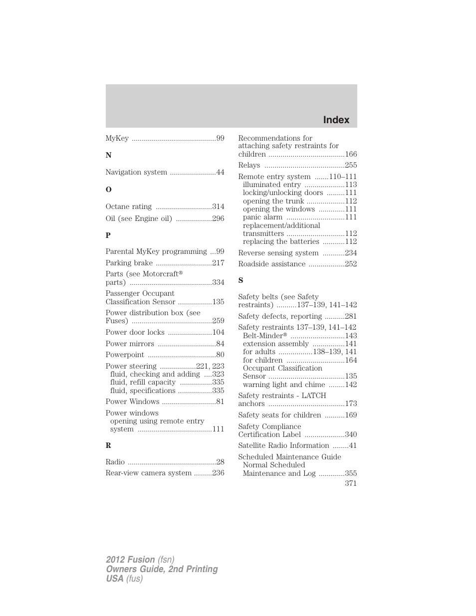 Index | FORD 2012 Fusion v.2 User Manual | Page 371 / 373
