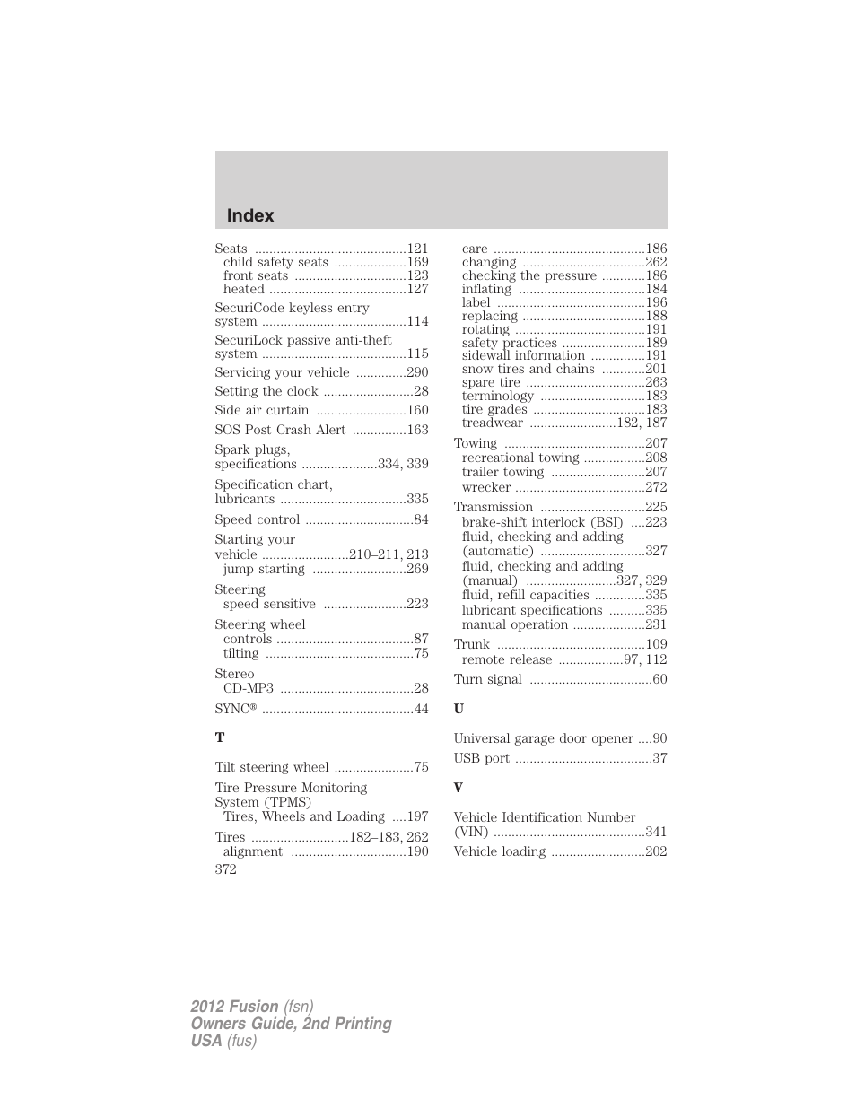 Index | FORD 2012 Fusion v.2 User Manual | Page 372 / 373