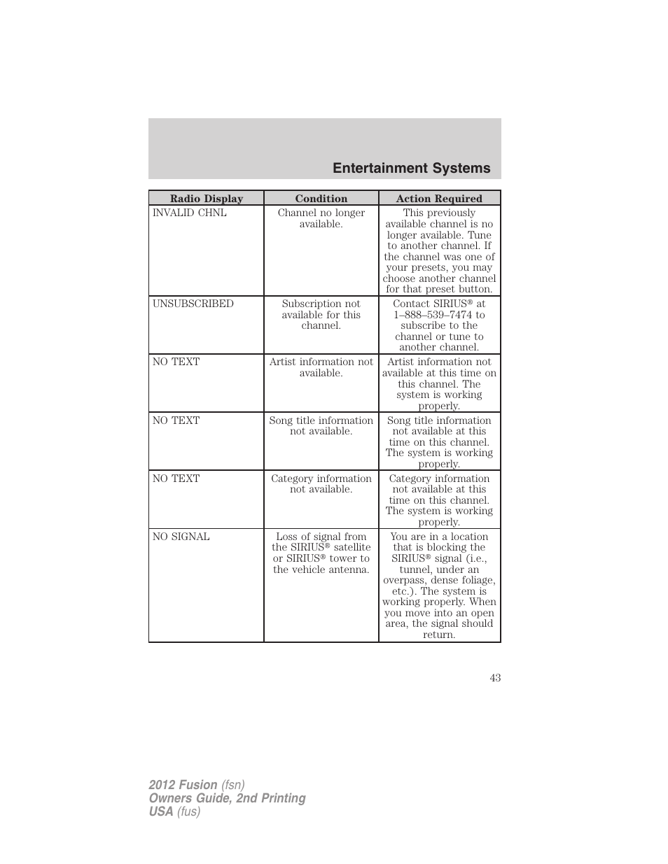 Entertainment systems | FORD 2012 Fusion v.2 User Manual | Page 43 / 373