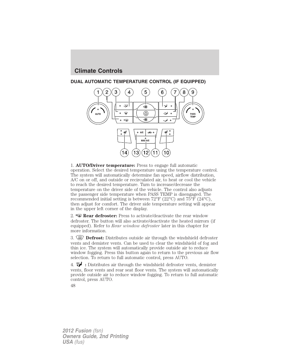 Dual automatic temperature control (if equipped), Dual automatic temperature control, Climate controls | FORD 2012 Fusion v.2 User Manual | Page 48 / 373