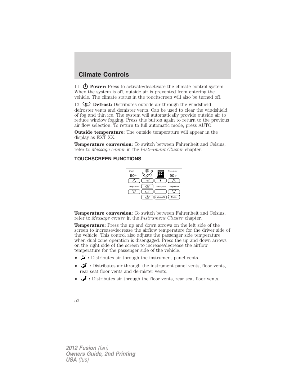 Touchscreen functions, Climate controls | FORD 2012 Fusion v.2 User Manual | Page 52 / 373