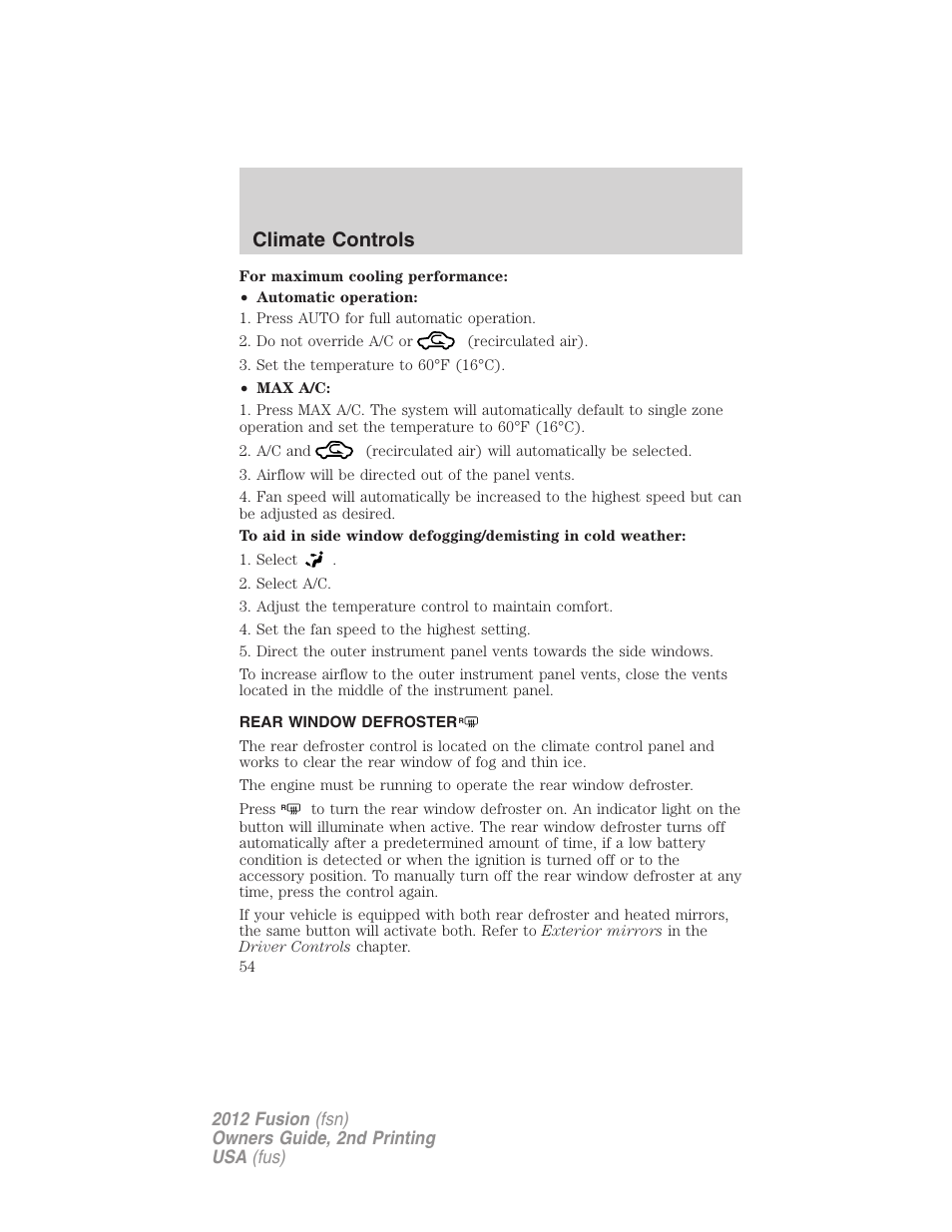 Rear window defroster, Climate controls | FORD 2012 Fusion v.2 User Manual | Page 54 / 373