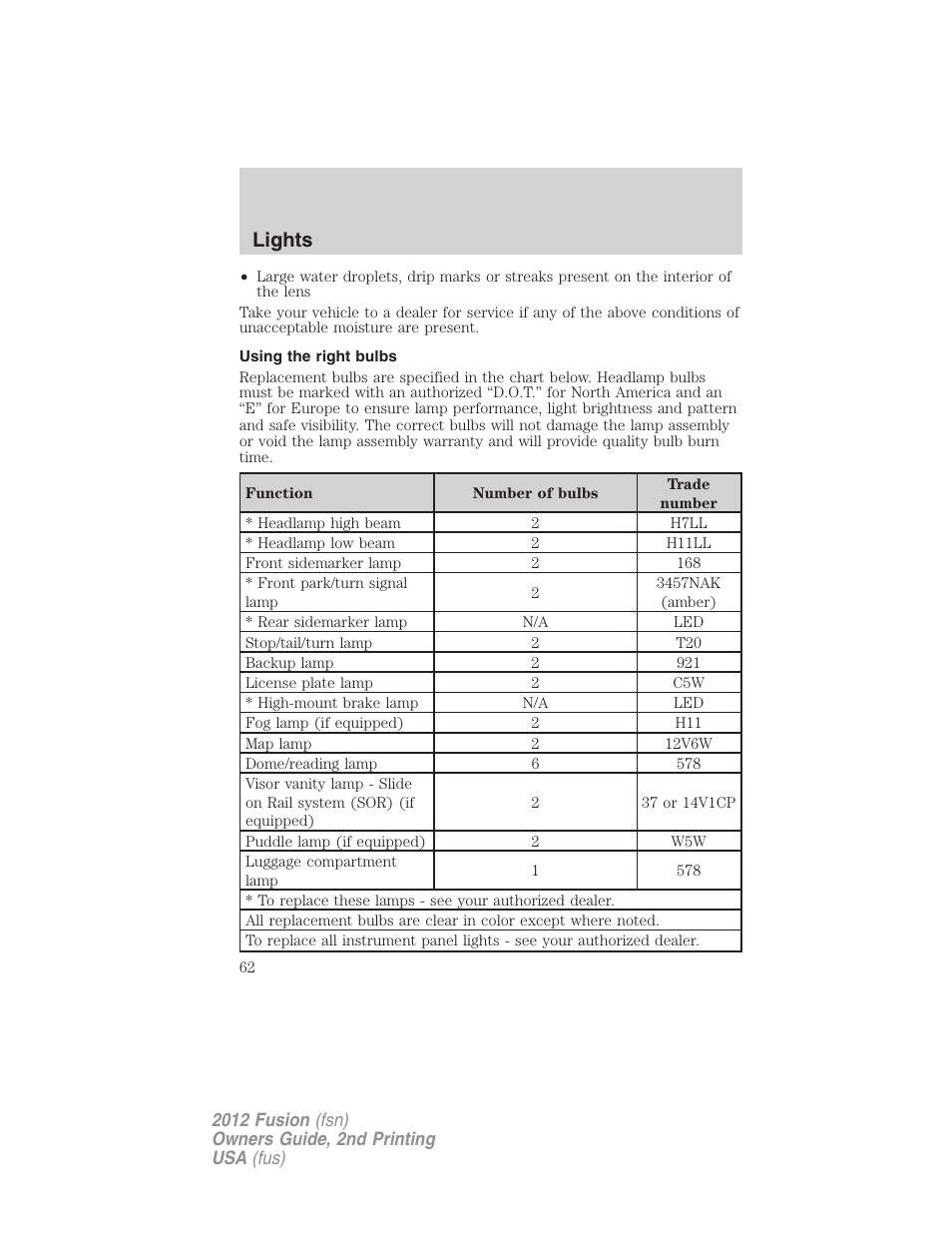 Using the right bulbs, Lights | FORD 2012 Fusion v.2 User Manual | Page 62 / 373