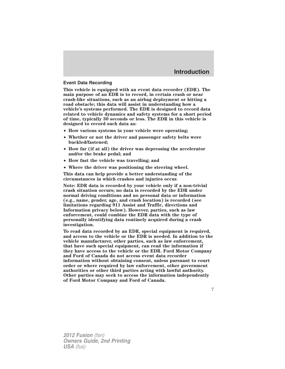 Event data recording, Introduction | FORD 2012 Fusion v.2 User Manual | Page 7 / 373