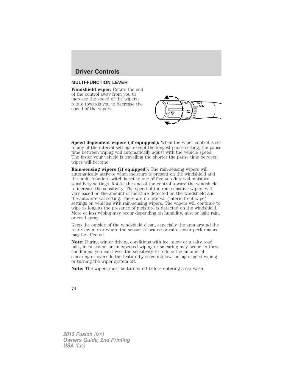 Driver controls, Multi-function lever, Windshield wiper/washer control | FORD 2012 Fusion v.2 User Manual | Page 74 / 373