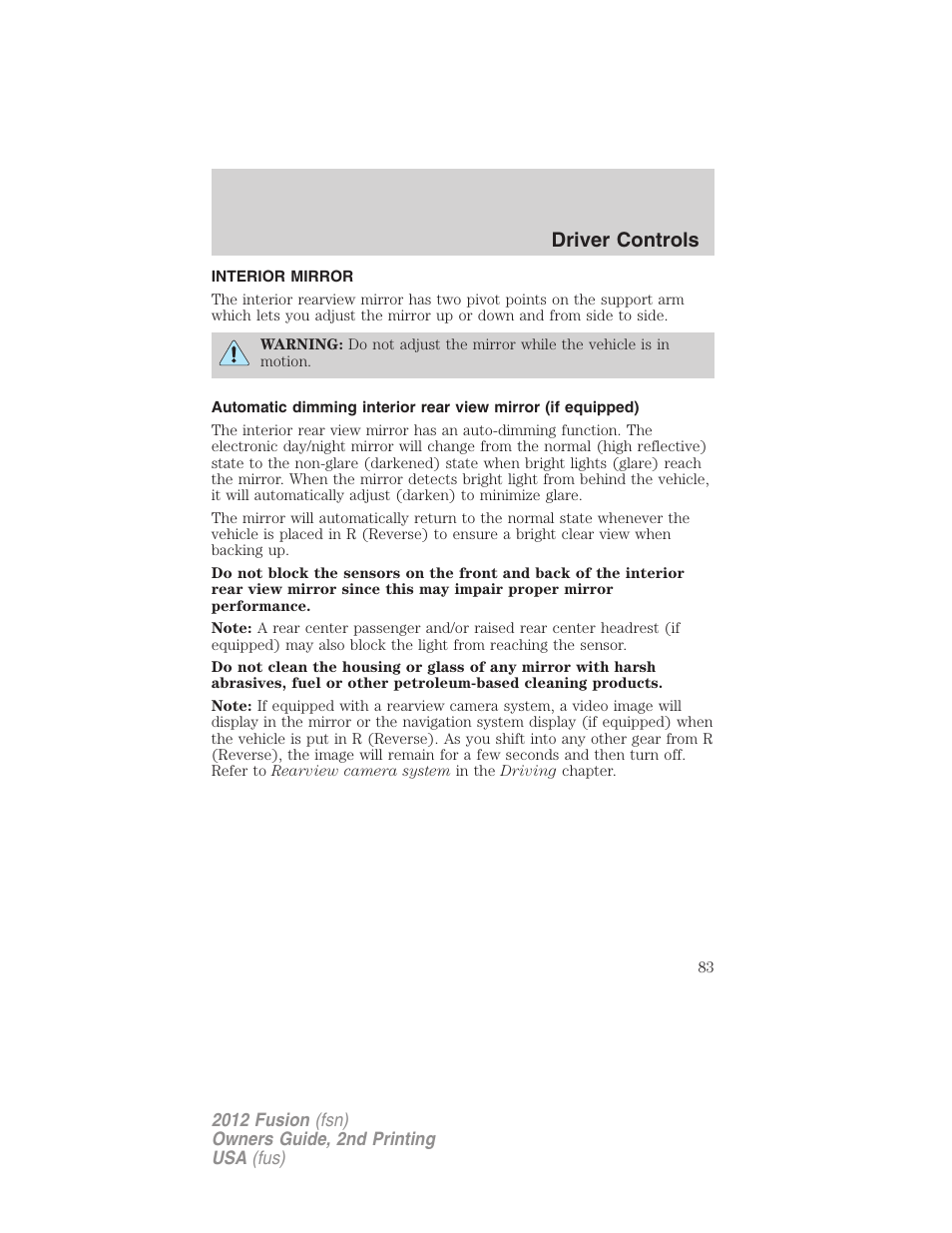 Interior mirror, Mirrors, Driver controls | FORD 2012 Fusion v.2 User Manual | Page 83 / 373