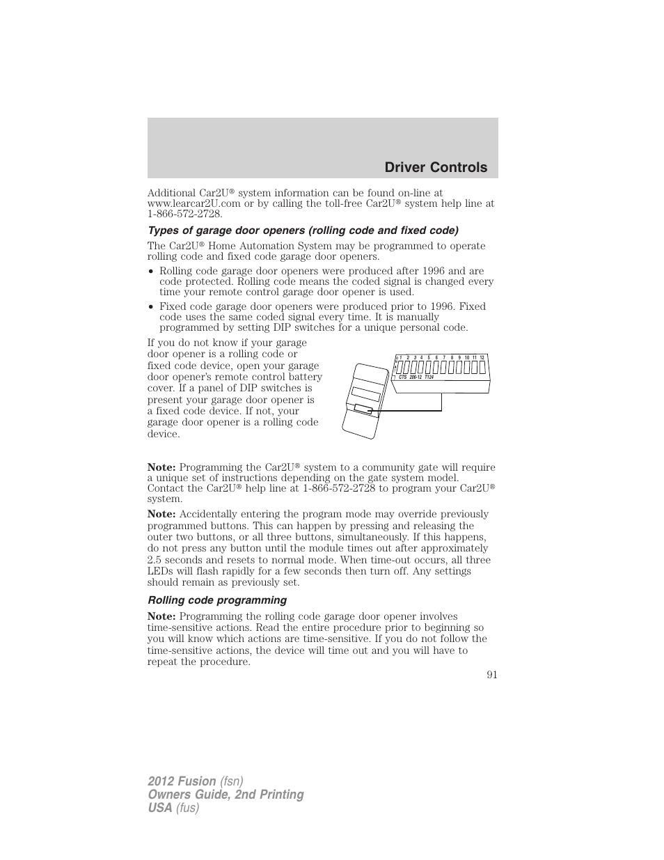 Rolling code programming, Driver controls | FORD 2012 Fusion v.2 User Manual | Page 91 / 373