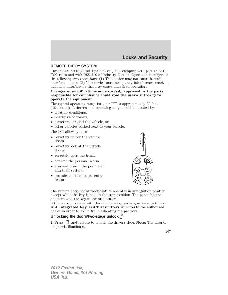 Remote entry system, Unlocking the doors/two-stage unlock, Locks and security | FORD 2012 Fusion v.3 User Manual | Page 107 / 370