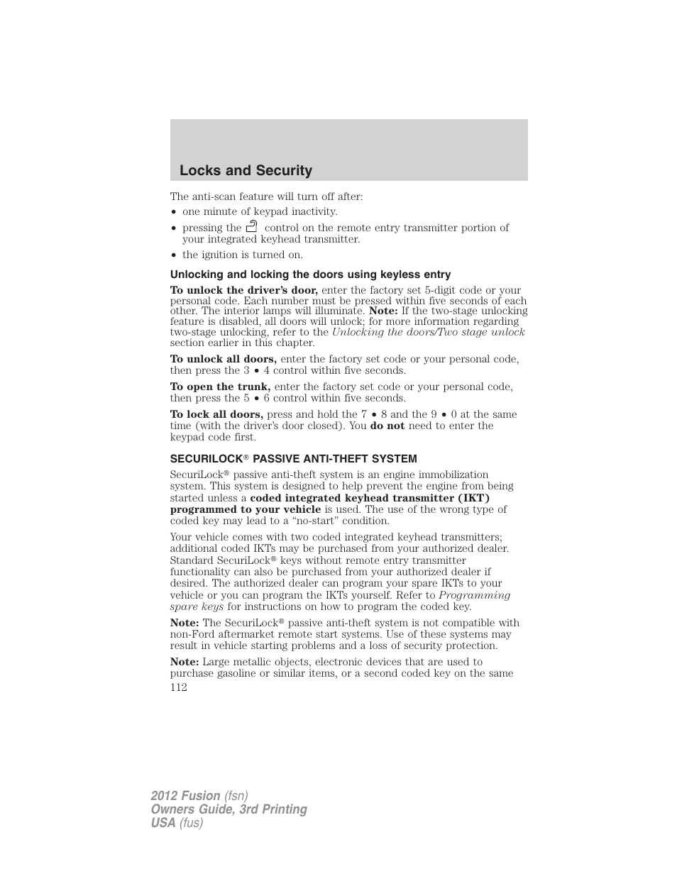 Securilock? passive anti-theft system, Anti-theft system, Locks and security | FORD 2012 Fusion v.3 User Manual | Page 112 / 370
